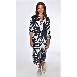 NEW EMILY PHILLIPS leaf print girlfriend midi dress in navy
